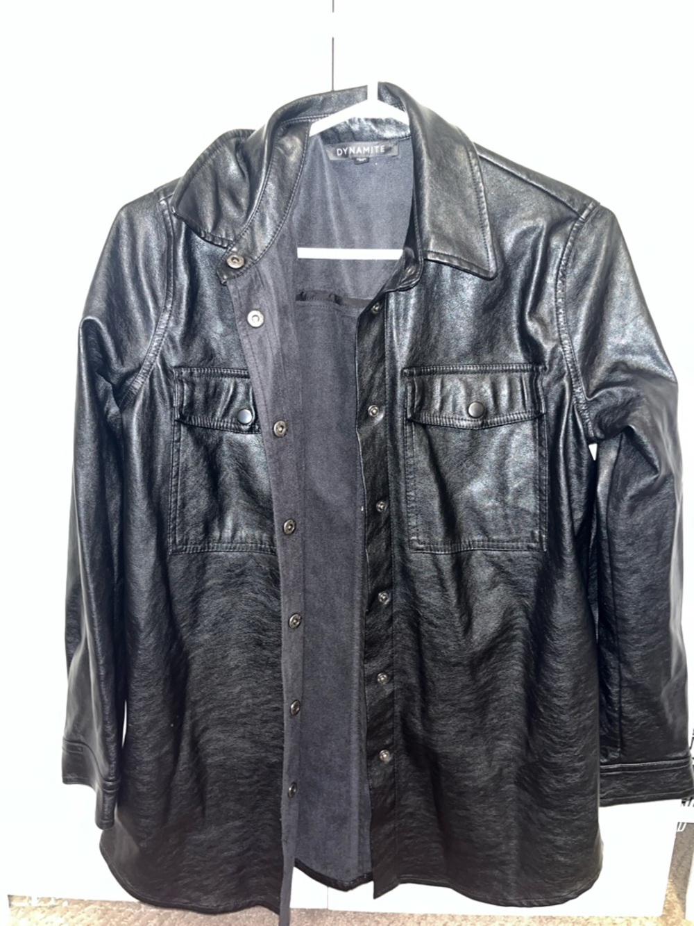 Dynamite Black Leather Snap-Front Shirt Jacket